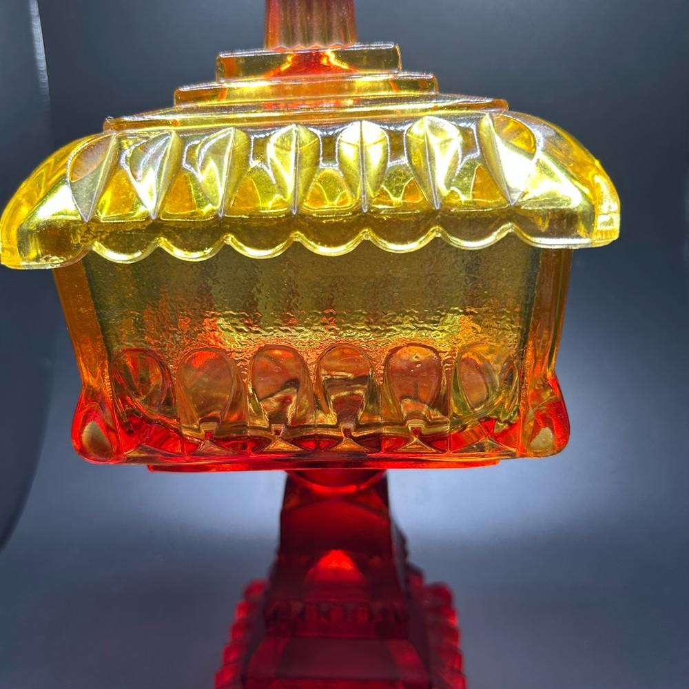 Vintage 1960’s Jeannette Amberina Glass wedding candy dish with lid.